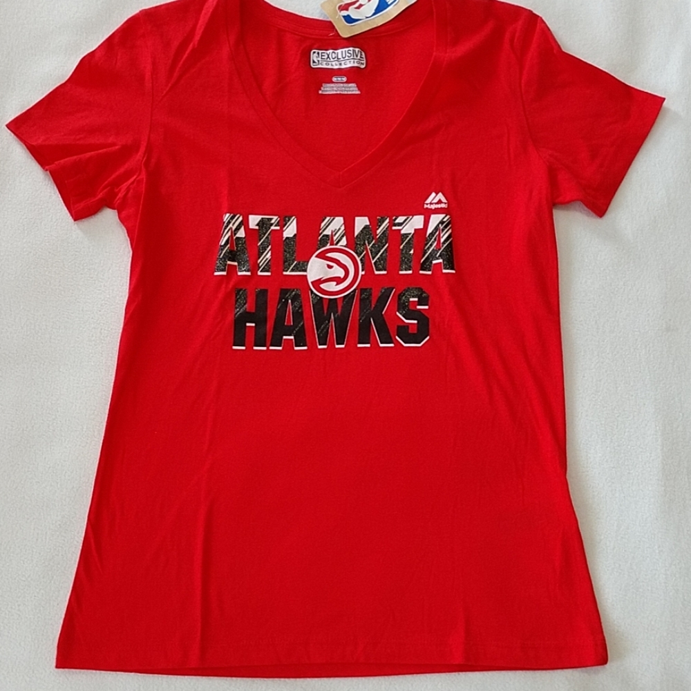 NEW Atlanta Hawks T-shirt Majestic Womens Short Sl Cotton NBA Tee Sparkle Logo M - Picture 3 of 7